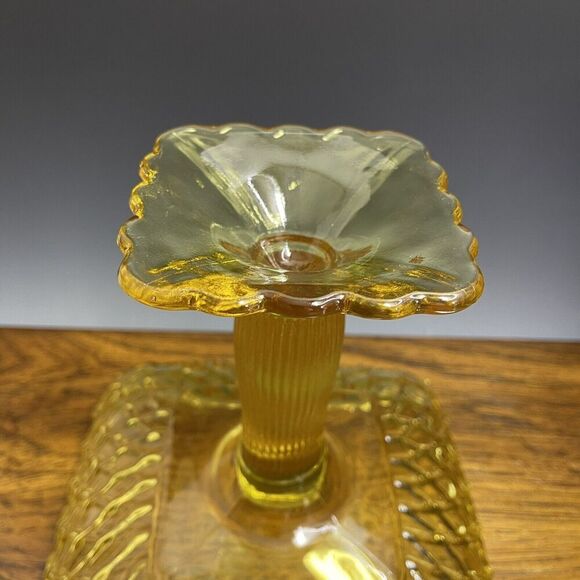 LE Smith Footed Trellis Square Compote Bowl Vase Weave Yellow Glass LARGE‎ 8.5"H - Picture 12 of 14